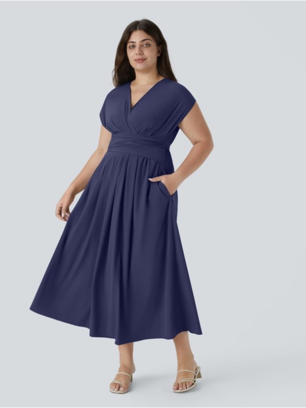 Halara Blue V-Neck Tie Waist Midi Dress 2X